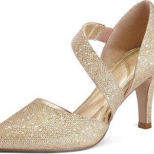 Women's Glitter Dress Pumps Suede Low Heel 3 Inch Pointed Toe Wide Sizes